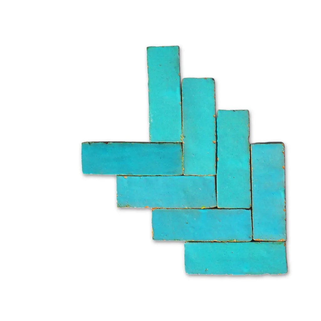 Al Hoceima mint green Bejmat tiles in herringbone pattern – handmade Moroccan Zellige tiles