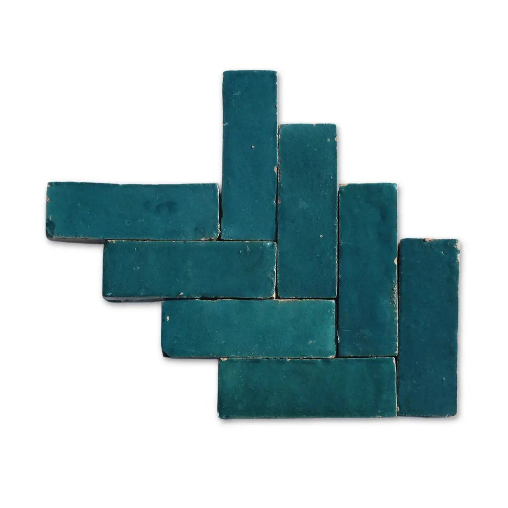 Atlas Petrol Matt Bejmat tiles in herringbone pattern – matte Moroccan Bejmat for architects and designers