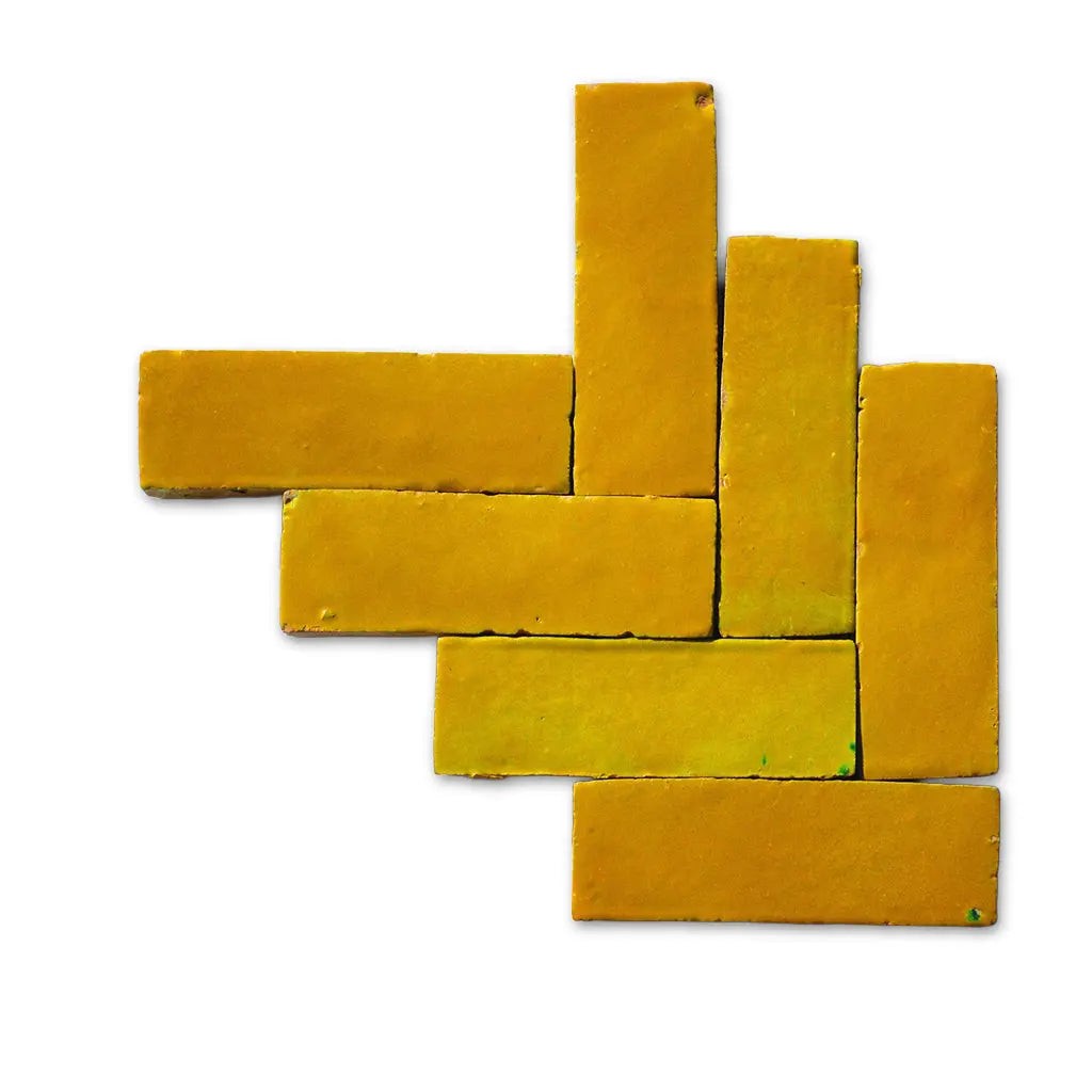 Dakhla yellow handmade Bejmat tiles in herringbone layout – Moroccan Zellige tiles