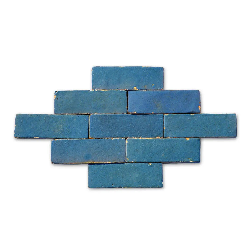 Erfoud Green Grey Bejmat Zellige tiles arranged in a horizontal stacked pattern.