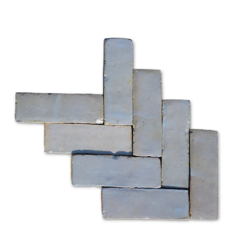 Fez light blue handmade Bejmat tiles in herringbone layout – Moroccan Zellige tiles