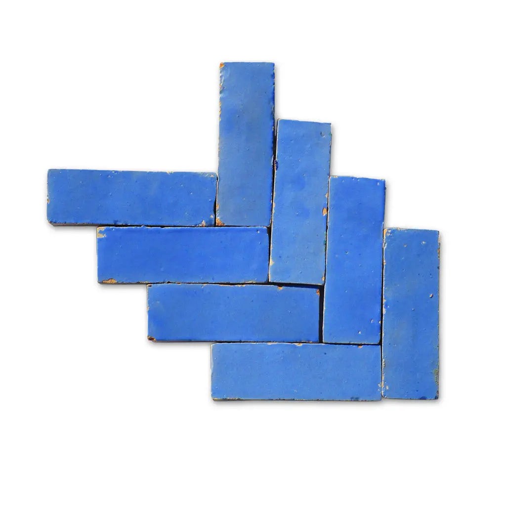 Handmade Mijek Light Blue Bejmat Zellige tiles in herringbone layout