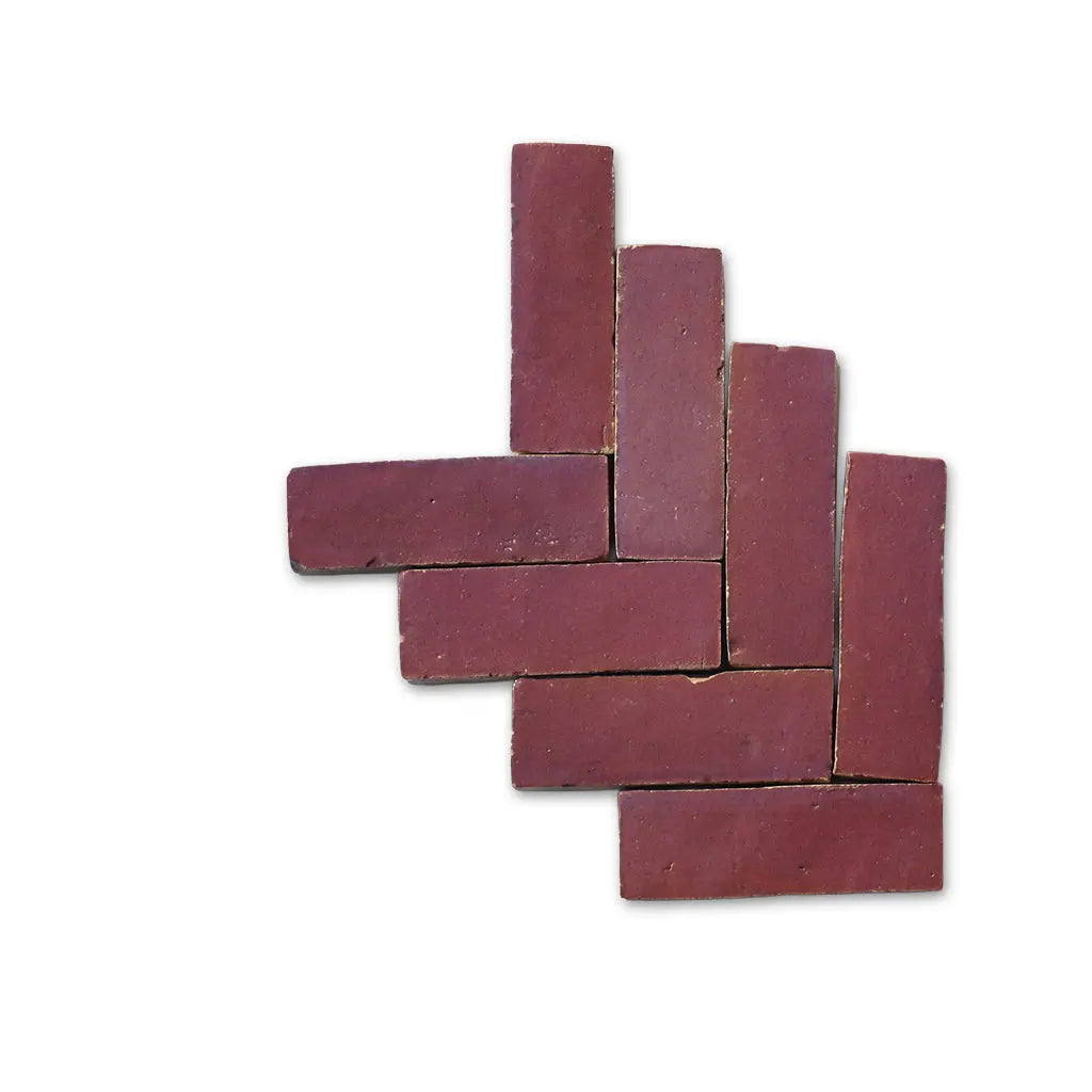 Handmade Moroccan Bejmat Zellige tile in Tichla red rose, herringbone layout