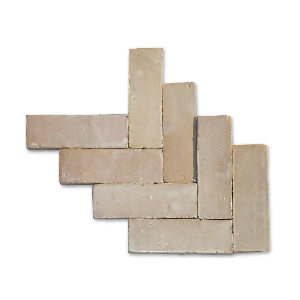 Meknes beige white Bejmat tiles in herringbone pattern – handmade Moroccan Zellige tiles