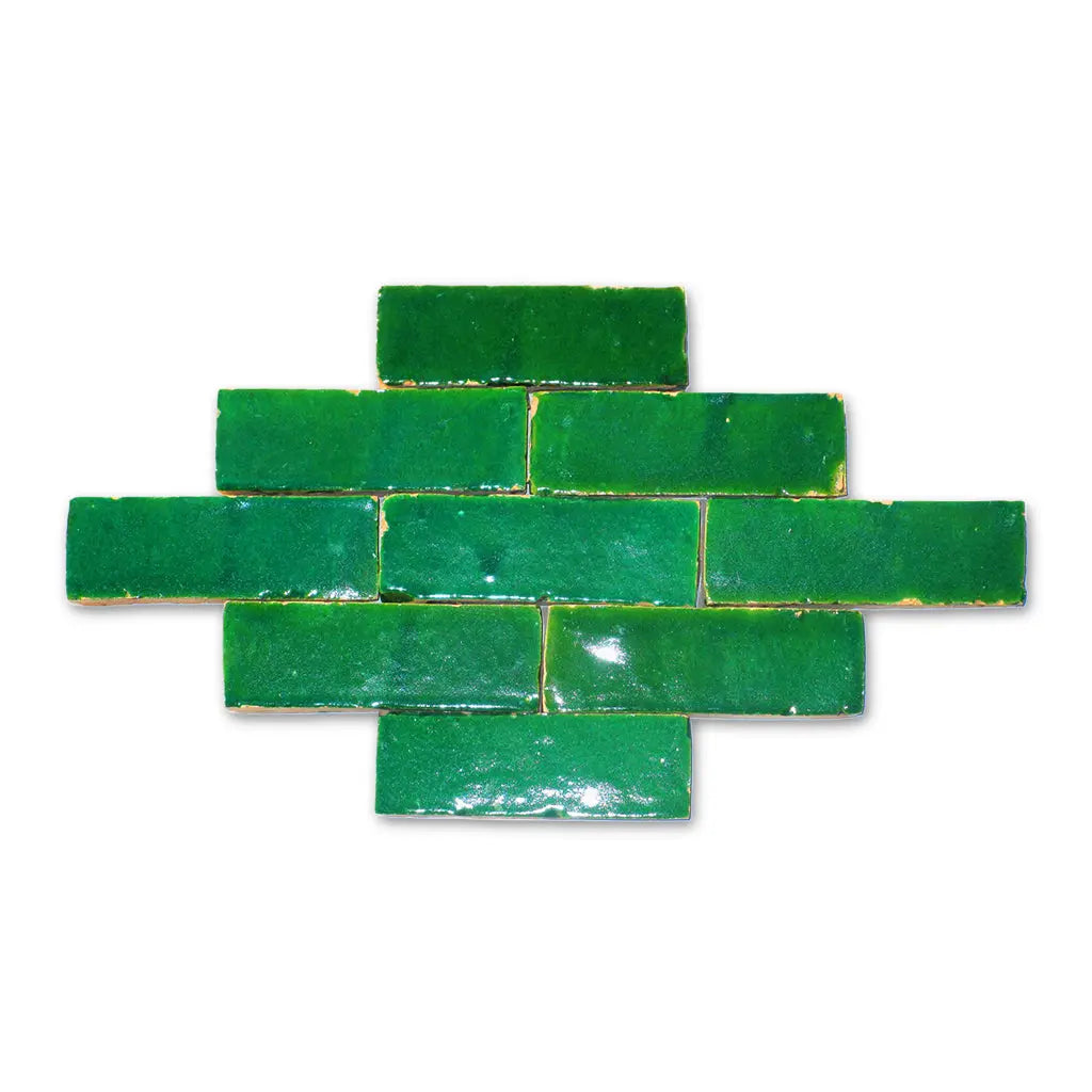 Nador grass green Bejmat tiles in brick bond pattern – handmade Moroccan Zellige tiles