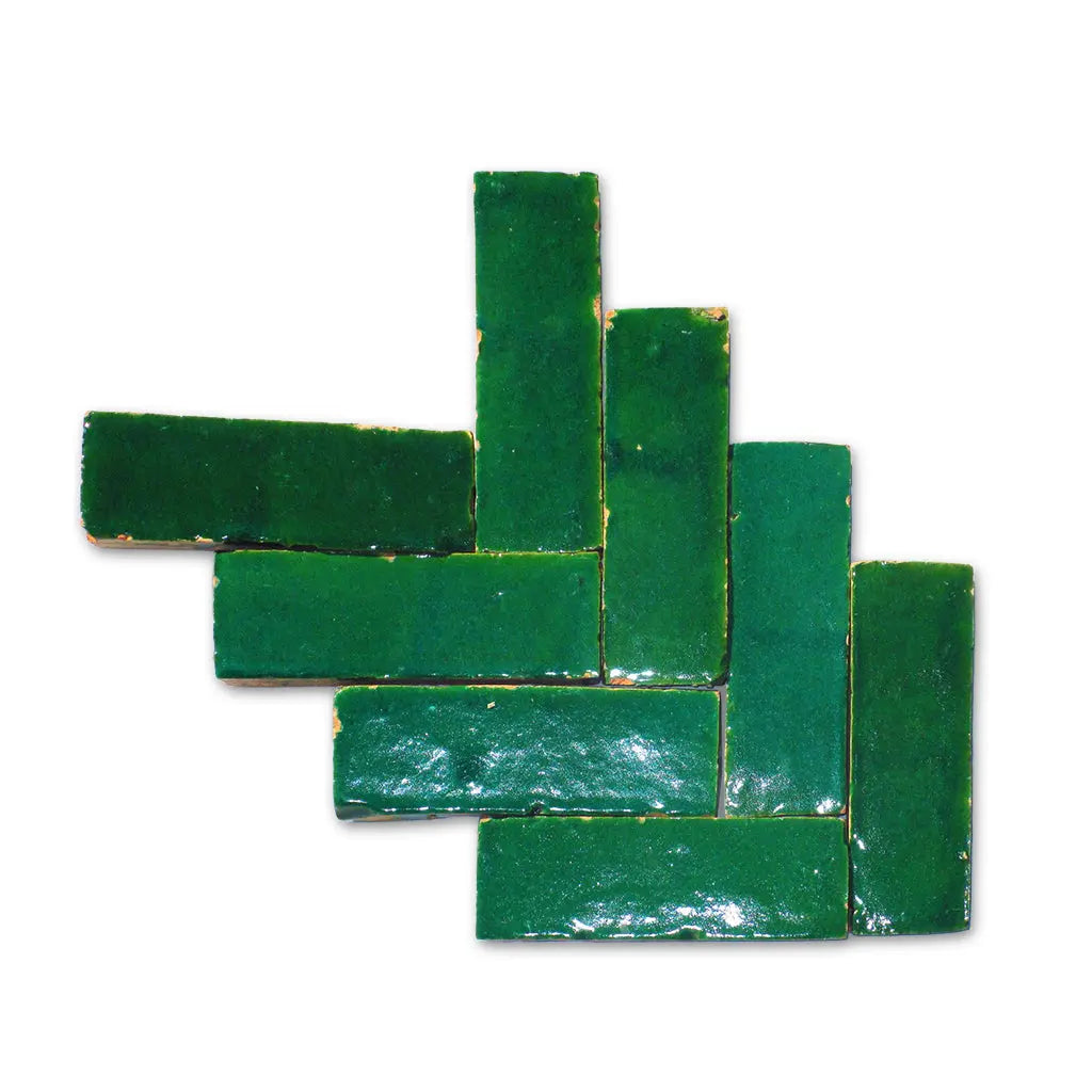Nador grass green handmade Bejmat tiles in herringbone layout – Moroccan Zellige tiles