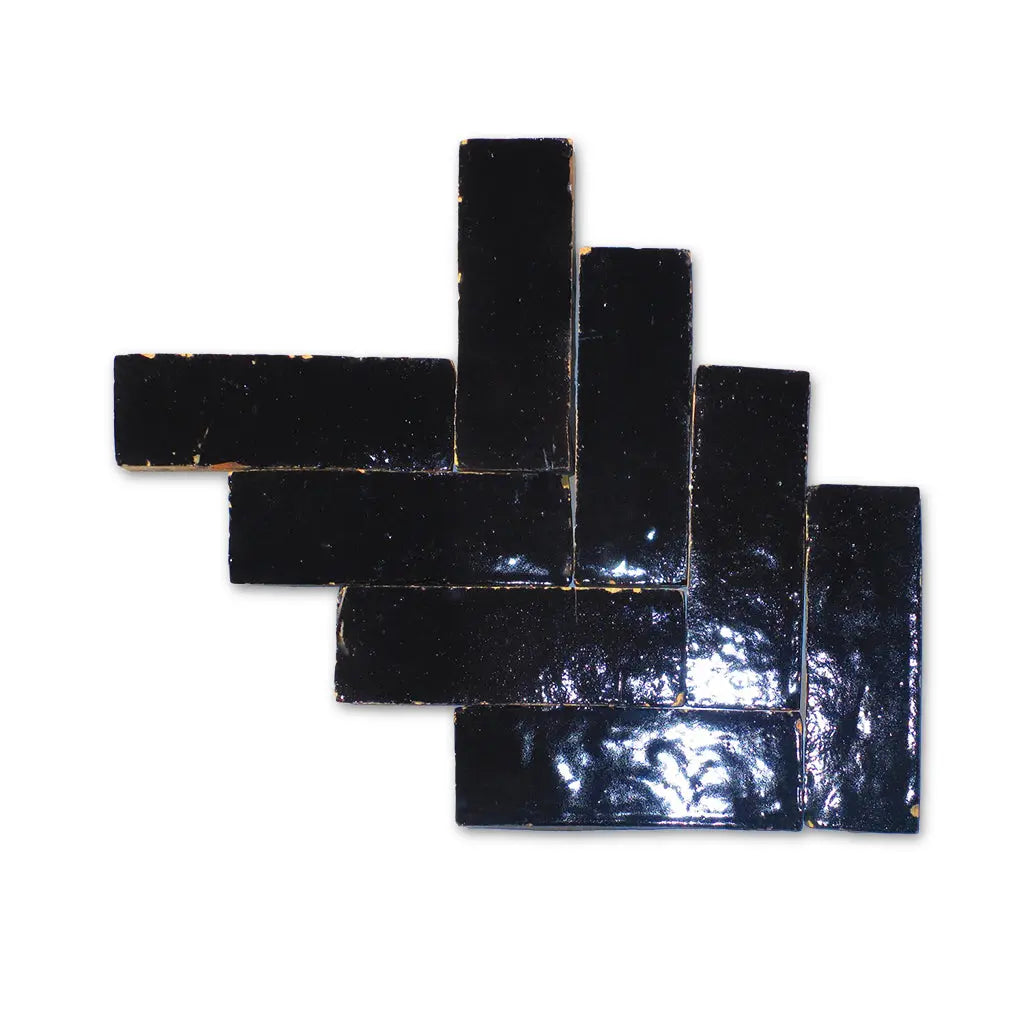 Rabat Black Glossy Bejmat tiles in commercial brick bond layout – Moroccan Zellige tiles