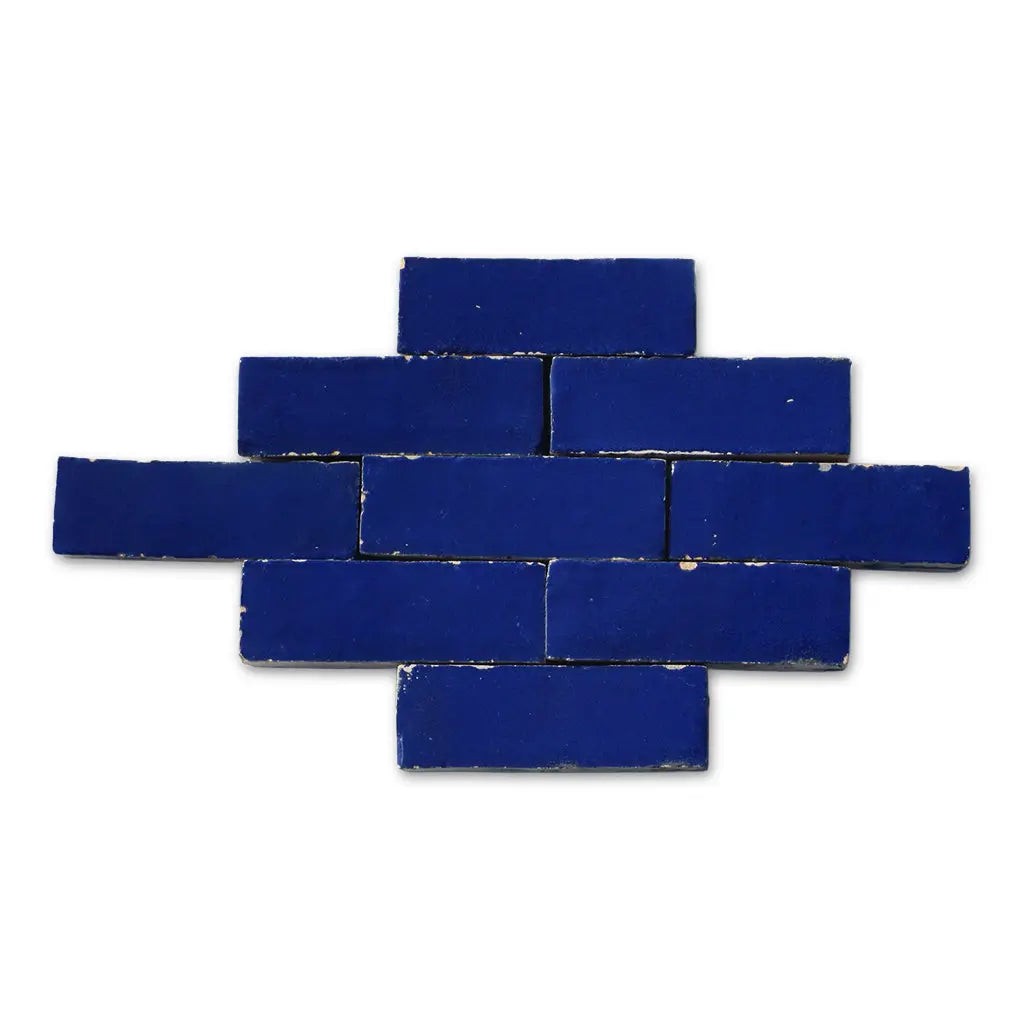 Tanger dark blue Bejmat tiles in brick bond pattern – handmade Moroccan Zellige tiles