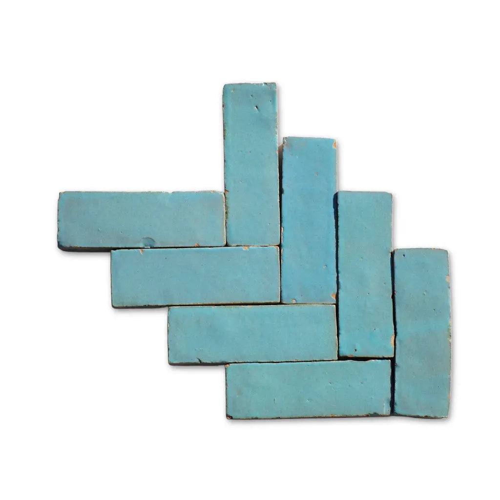 Zagora green white handmade Bejmat tiles in herringbone layout – Moroccan Zellige tiles