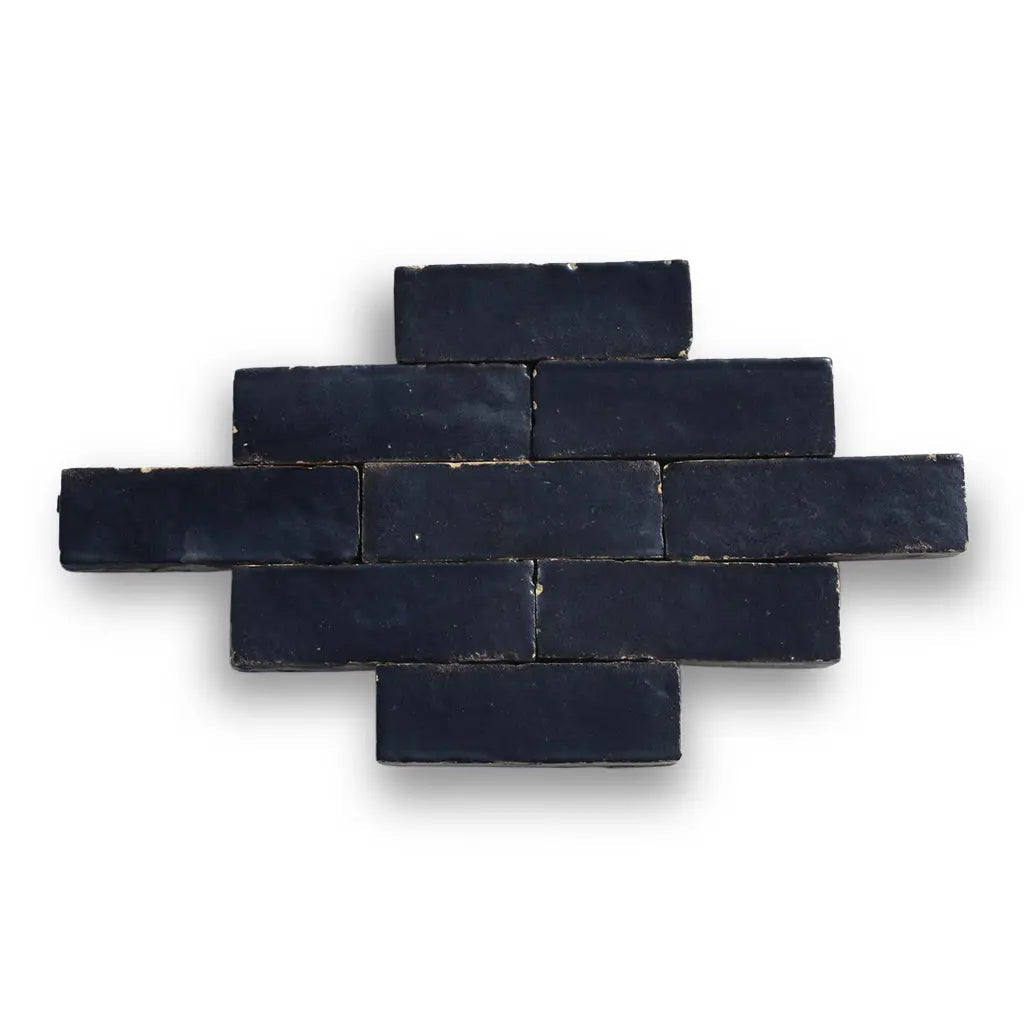 Rabat black matt handmade clay tiles in brick layout – Moroccan zellige wall and floor tiles