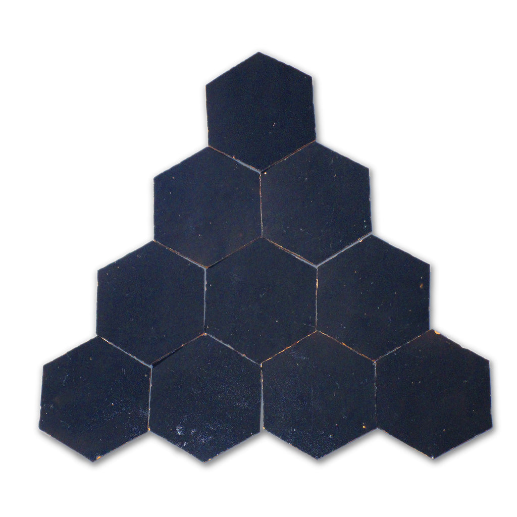 Hexagonal black tiles arranged in a pattern on a white background