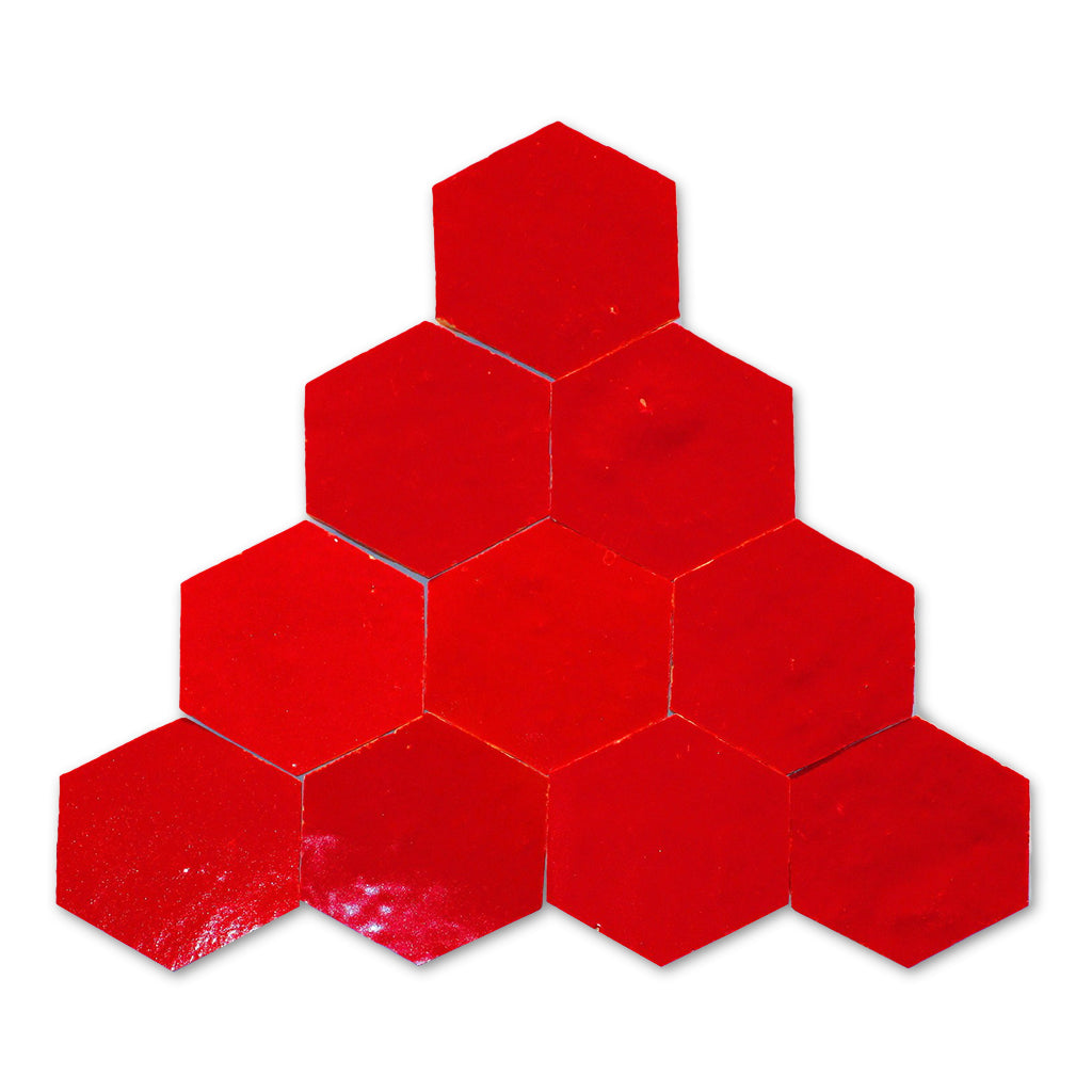 Red hexagonal tiles arranged in a pyramid shape on a white background