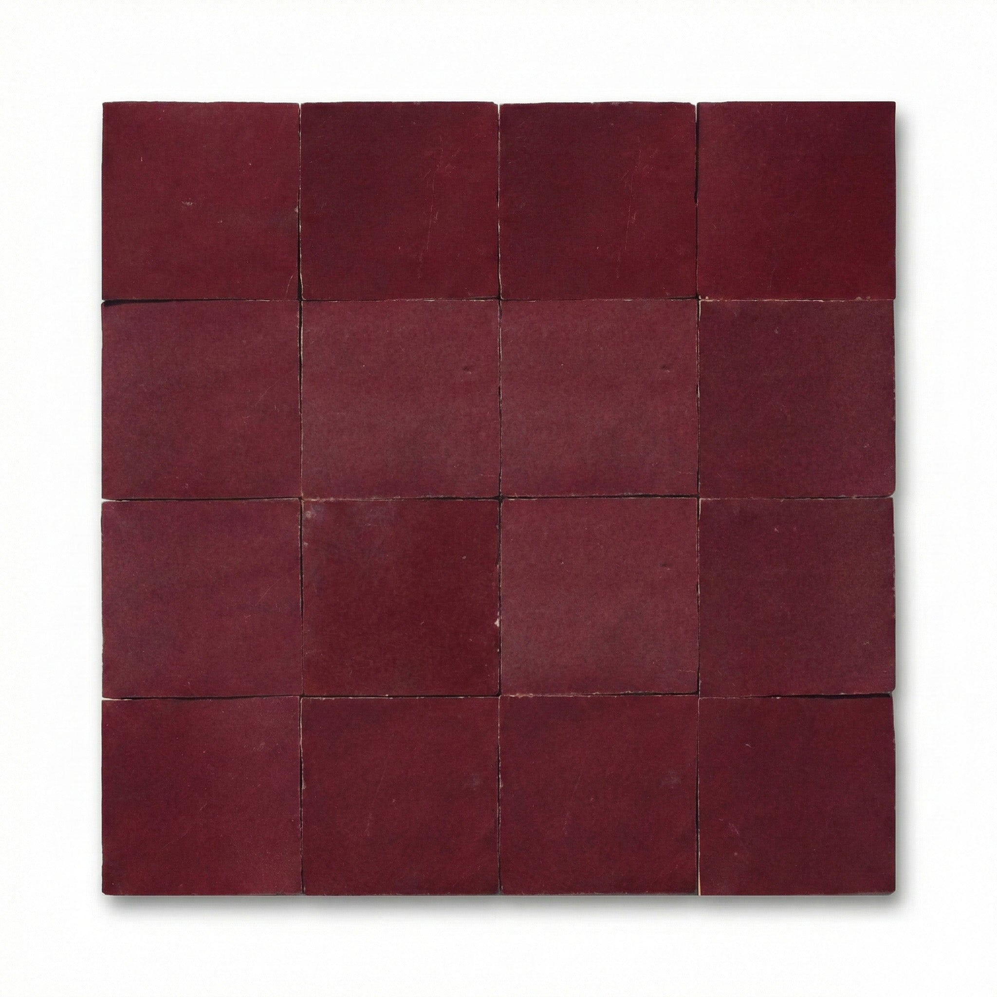 Marrakech Red Zellige tiles, 4x4 inch handmade Moroccan terracotta wall tiles with deep burgundy glazed finish.