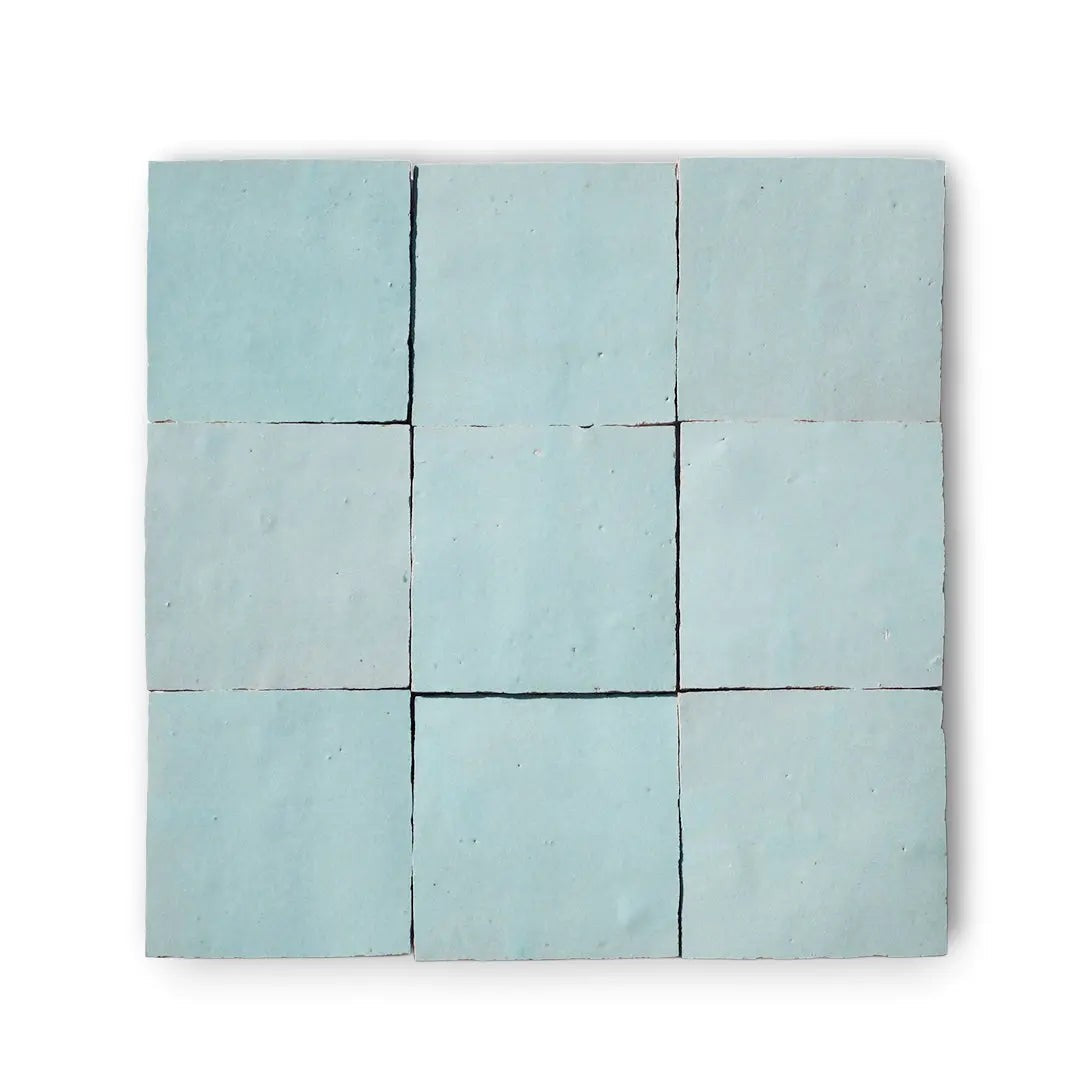 Pastel green zellige tile with smooth glazed surface. Color may vary slightly due to handcrafted nature. Suitable for indoor wall applications.

